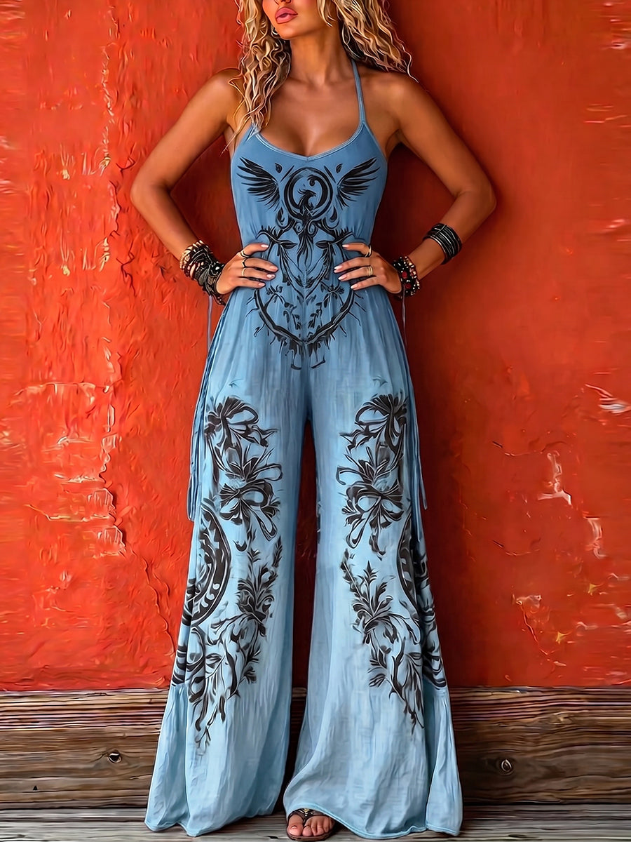 Jade - Combinaison en Lin Bohème Femme à Bretelles avec Imprimé Totem et Jambes Larges
