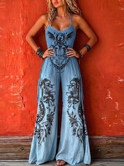 Jade - Combinaison en Lin Bohème Femme à Bretelles avec Imprimé Totem et Jambes Larges