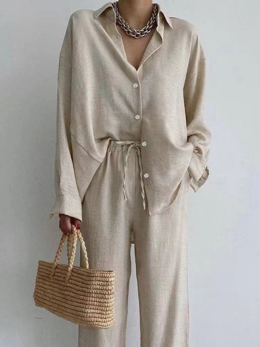 Anaïs - Ensemble en Lin Femme Chic avec Chemise Oversize et Pantalon Large Ceinturé