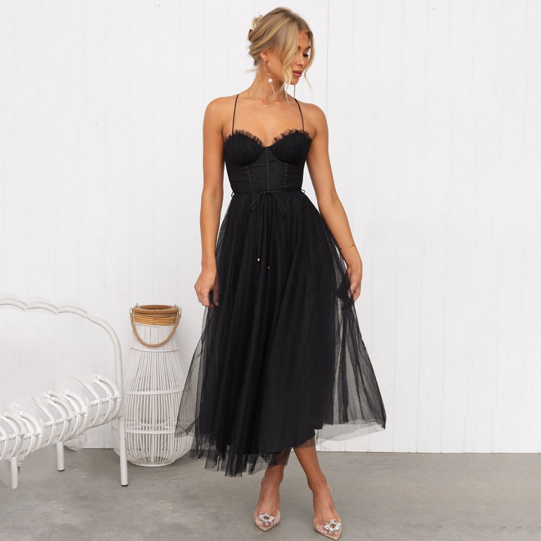 Jade - Robe Invitée Mariage Femme Romantique Bustier Tulle Midi et Bretelles Fines