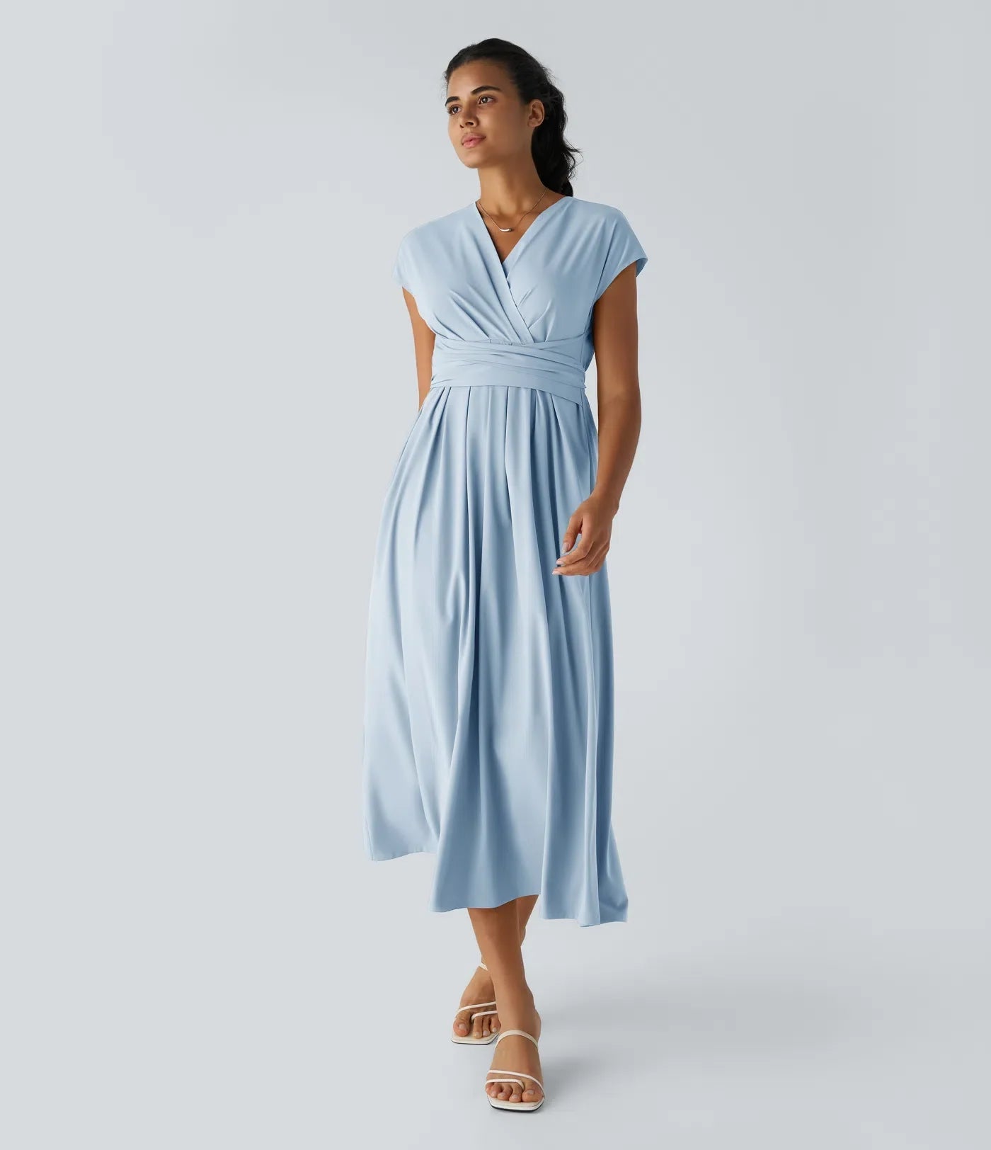Jade - Robe Invitée Mariage Femme Élégante Col Croisé Taille Haute et Jupe Fluide
