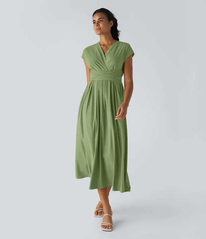 Jade - Robe Invitée Mariage Femme Élégante Col Croisé Taille Haute et Jupe Fluide