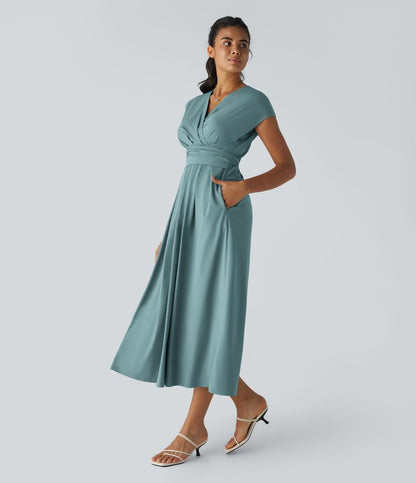 Jade - Robe Invitée Mariage Femme Élégante Col Croisé Taille Haute et Jupe Fluide