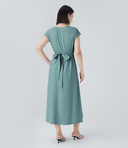 Jade - Robe Invitée Mariage Femme Élégante Col Croisé Taille Haute et Jupe Fluide