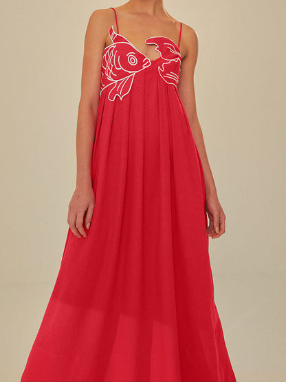 Jade - Robe Longue Bohème Femme avec Bretelles et Broderie Florale