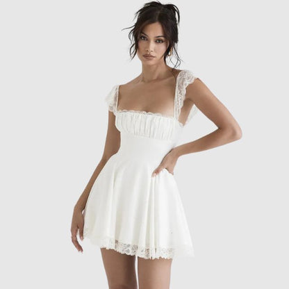 Jade - Robe Mariage Invitée Mini Femme Romantique en Dentelle avec Jupe Évasée et Col Carré