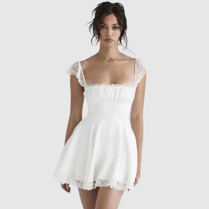 Jade - Robe Mariage Invitée Mini Femme Romantique en Dentelle avec Jupe Évasée et Col Carré