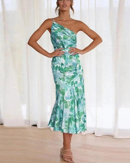 Jade - Robe Midi Chic Invitée Mariage Femme avec Épaule Asymétrique et Imprimé Floral