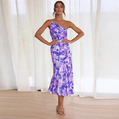Jade - Robe Midi Chic Invitée Mariage Femme avec Épaule Asymétrique et Imprimé Floral