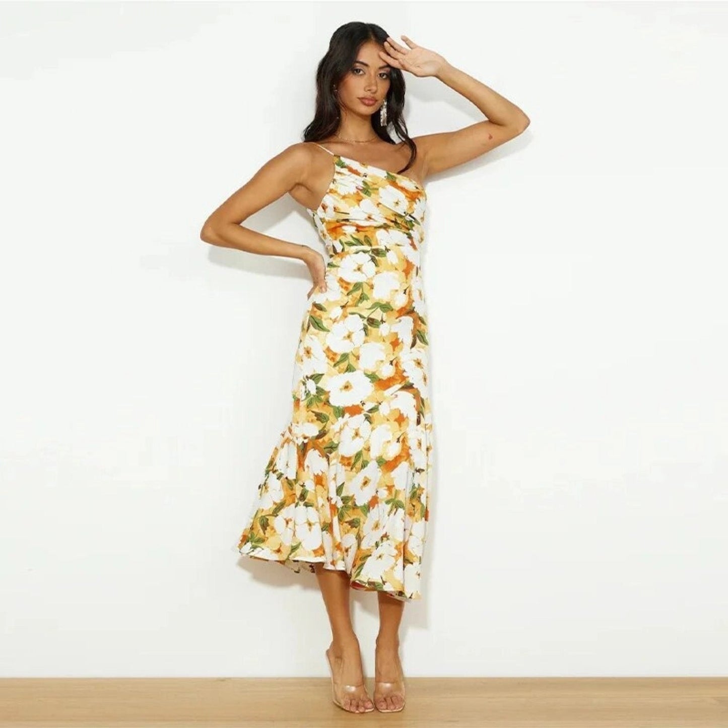 Jade - Robe Midi Chic Invitée Mariage Femme avec Épaule Asymétrique et Imprimé Floral
