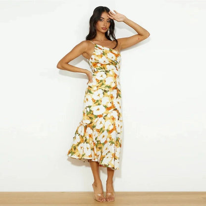 Jade - Robe Midi Chic Invitée Mariage Femme avec Épaule Asymétrique et Imprimé Floral