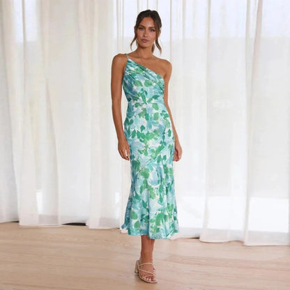 Jade - Robe Midi Chic Invitée Mariage Femme avec Épaule Asymétrique et Imprimé Floral