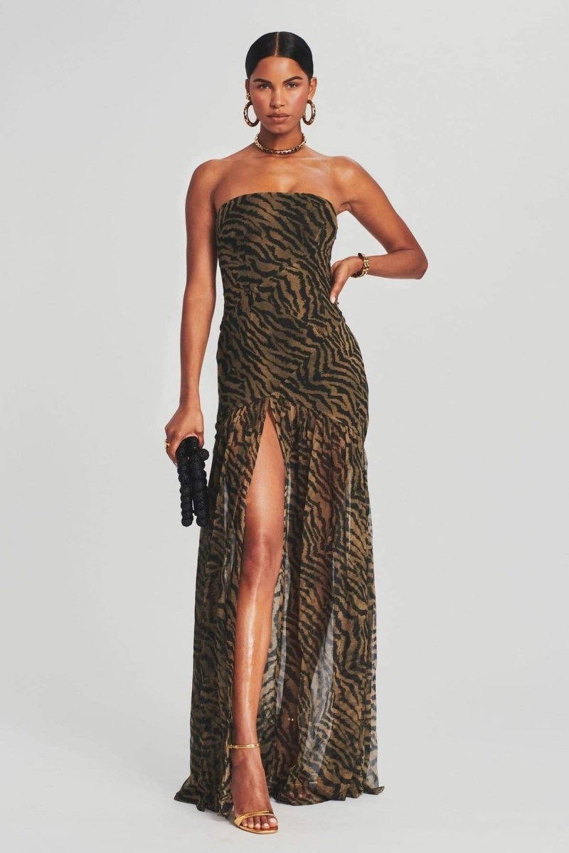 Jade - Robe de Soirée Longue Femme Sexy Bustier sans Bretelles avec Imprimé Animal et Fente
