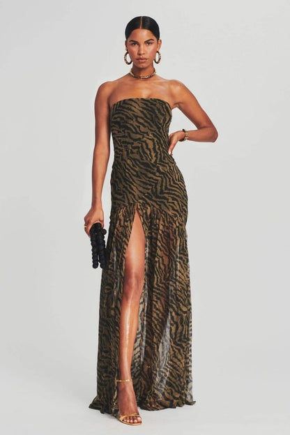 Jade - Robe de Soirée Longue Femme Sexy Bustier sans Bretelles avec Imprimé Animal et Fente