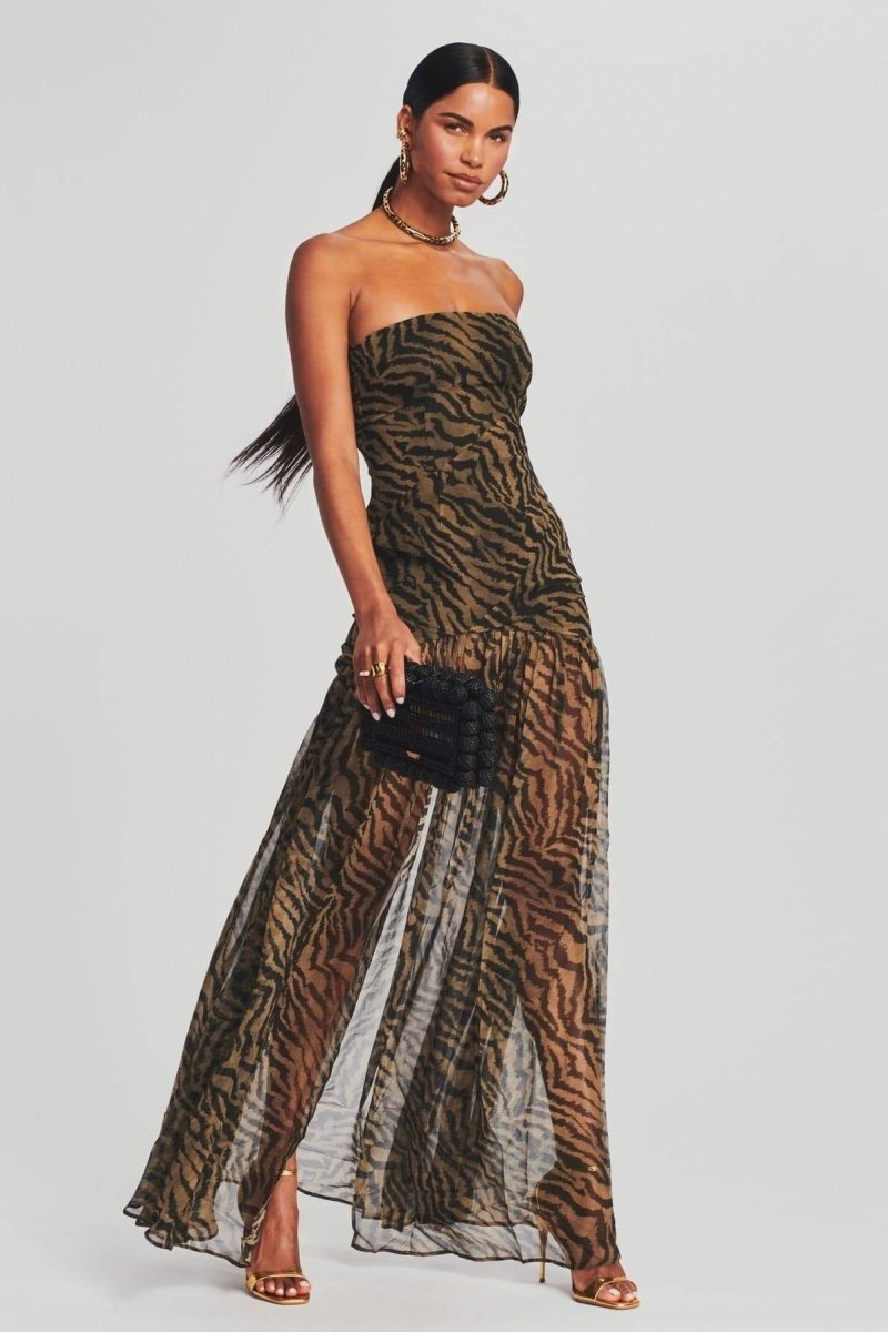 Jade - Robe de Soirée Longue Femme Sexy Bustier sans Bretelles avec Imprimé Animal et Fente