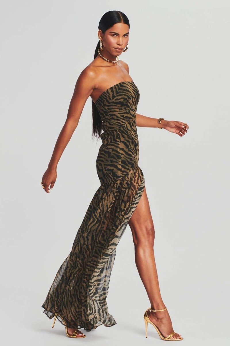 Jade - Robe de Soirée Longue Femme Sexy Bustier sans Bretelles avec Imprimé Animal et Fente
