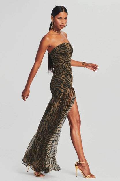 Jade - Robe de Soirée Longue Femme Sexy Bustier sans Bretelles avec Imprimé Animal et Fente