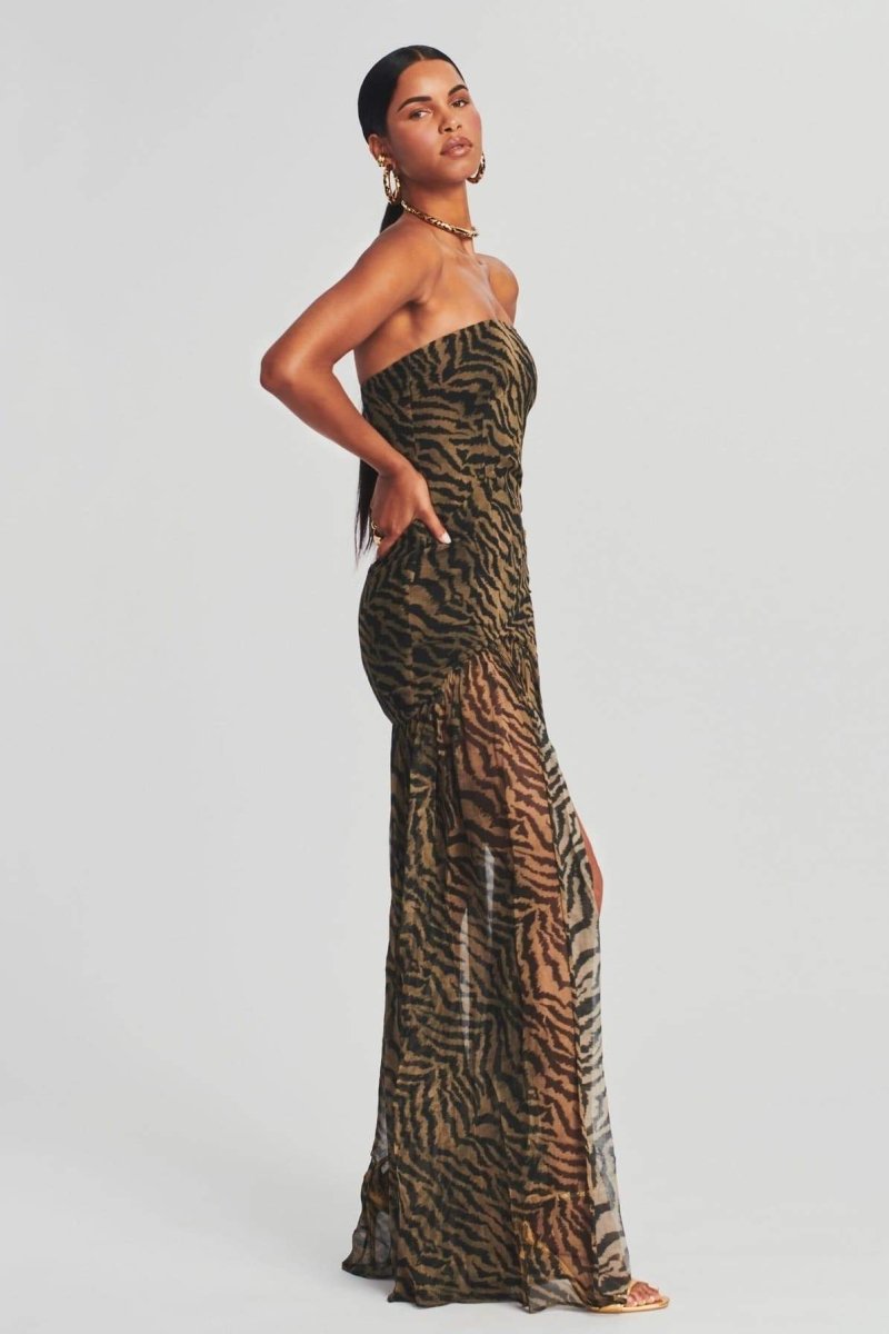 Jade - Robe de Soirée Longue Femme Sexy Bustier sans Bretelles avec Imprimé Animal et Fente
