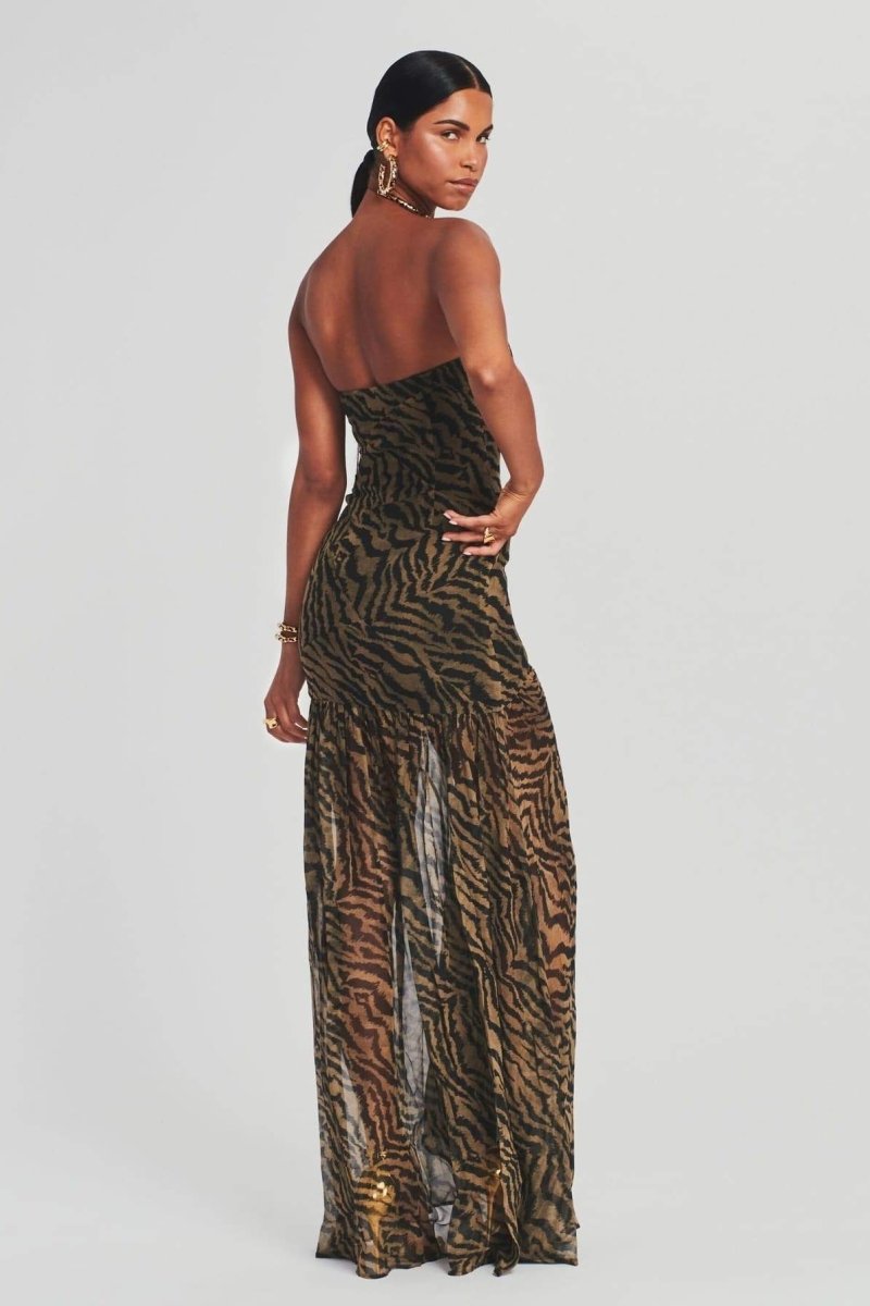 Jade - Robe de Soirée Longue Femme Sexy Bustier sans Bretelles avec Imprimé Animal et Fente