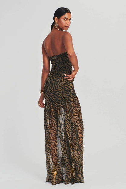 Jade - Robe de Soirée Longue Femme Sexy Bustier sans Bretelles avec Imprimé Animal et Fente