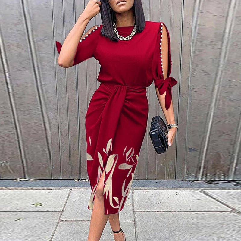 Jade - Robe Invitée Mariage Femme Chic Midi Ceinturée avec Fente et Détails Ajourés