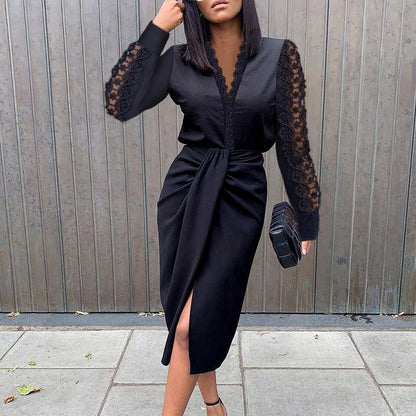 Jade - Robe Invitée Mariage Femme Chic Midi Ceinturée avec Fente et Détails Ajourés