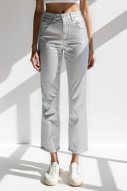 Jean Coupe Droite Taille Haute | Argent Métallisé | Style Moderne et Brillant