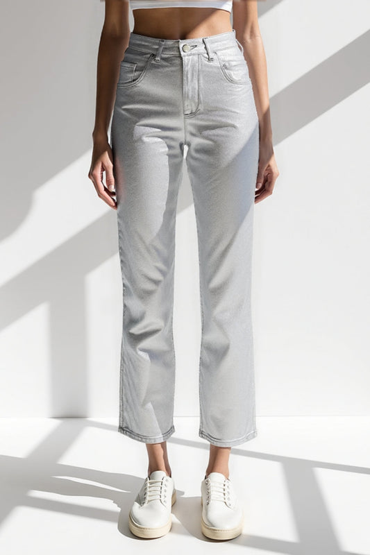Jean Coupe Droite Taille Haute | Argent Métallisé | Style Moderne et Brillant