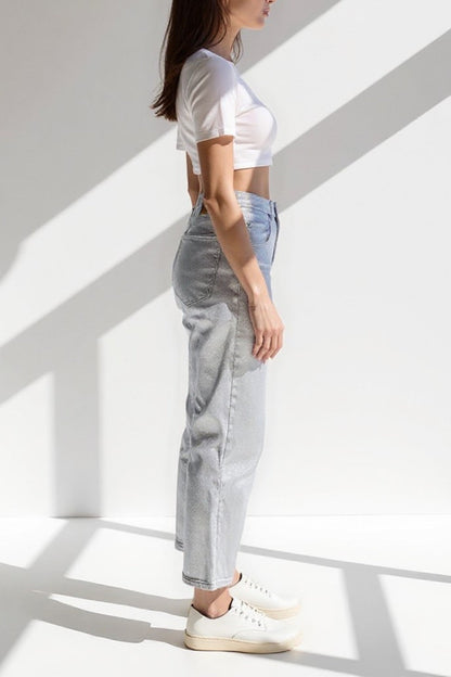Jean Coupe Droite Taille Haute | Argent Métallisé | Style Moderne et Brillant