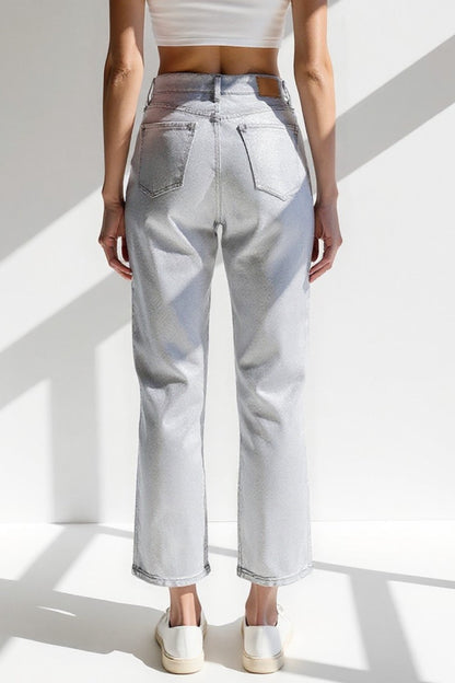 Jean Coupe Droite Taille Haute | Argent Métallisé | Style Moderne et Brillant