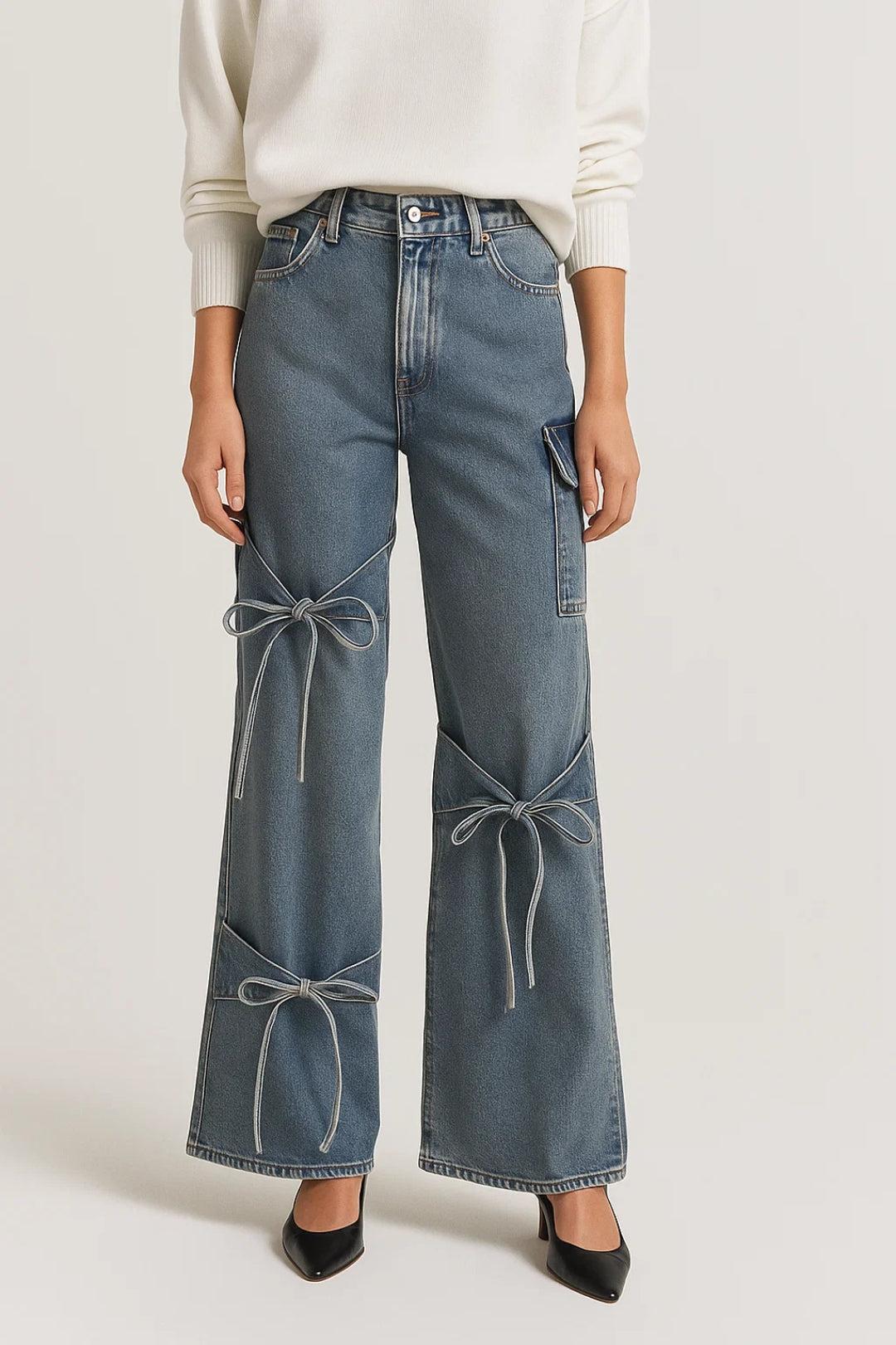 Jean Large à Détails Nœuds | Pantalon taille haute pour femme | Original et Tendance