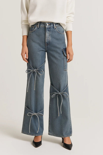 Jean Large à Détails Nœuds | Pantalon taille haute pour femme | Original et Tendance