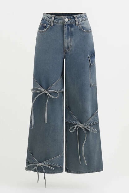 Jean Large à Détails Nœuds | Pantalon taille haute pour femme | Original et Tendance