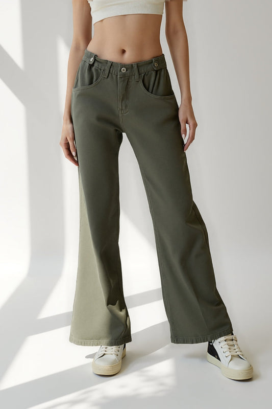 Jean Taille Haute Évasé | Vert Kaki | Détente et Style Quotidien