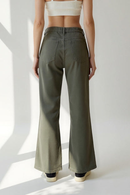 Jean Taille Haute Évasé | Vert Kaki | Détente et Style Quotidien