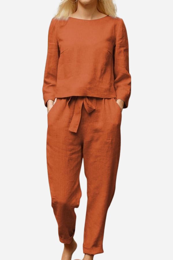 Manon - Ensemble en Lin Femme Chic avec Top Manches Longues et Pantalon Ceinturé