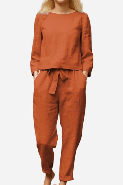 Manon - Ensemble en Lin Femme Chic avec Top Manches Longues et Pantalon Ceinturé