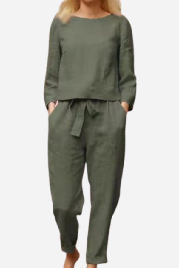Manon - Ensemble en Lin Femme Chic avec Top Manches Longues et Pantalon Ceinturé