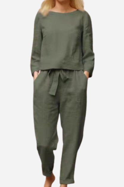 Manon - Ensemble en Lin Femme Chic avec Top Manches Longues et Pantalon Ceinturé