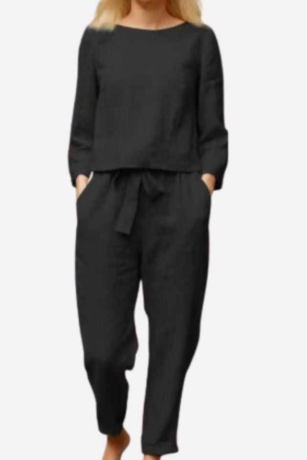 Manon - Ensemble en Lin Femme Chic avec Top Manches Longues et Pantalon Ceinturé