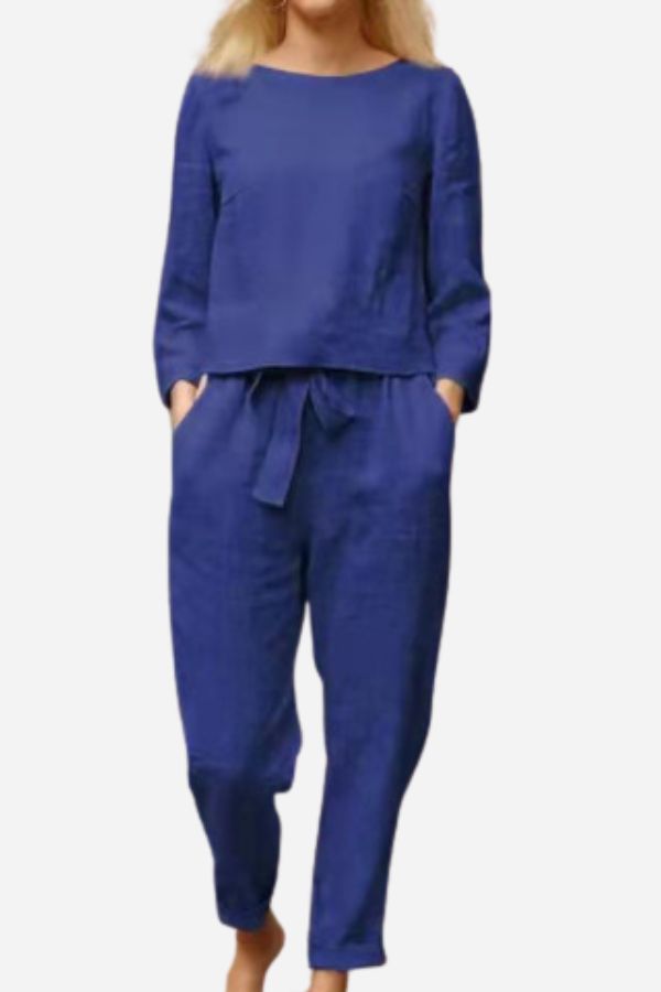 Manon - Ensemble en Lin Femme Chic avec Top Manches Longues et Pantalon Ceinturé