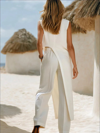 Juliette - Ensemble en Lin Chic Femme sans Manches avec Top Asymétrique et Pantalon Large