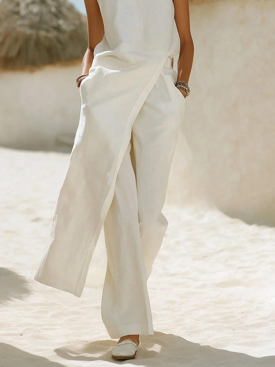 Juliette - Ensemble en Lin Chic Femme sans Manches avec Top Asymétrique et Pantalon Large