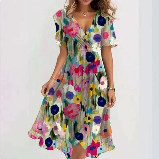 Juliette - Robe Fleurie Femme Élégante pour Soirée avec Col V et Manches Volantées