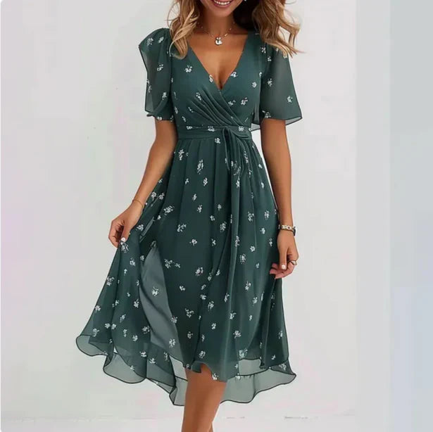Juliette - Robe Fleurie Femme Élégante pour Soirée avec Col V et Manches Volantées