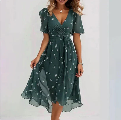 Juliette - Robe Fleurie Femme Élégante pour Soirée avec Col V et Manches Volantées