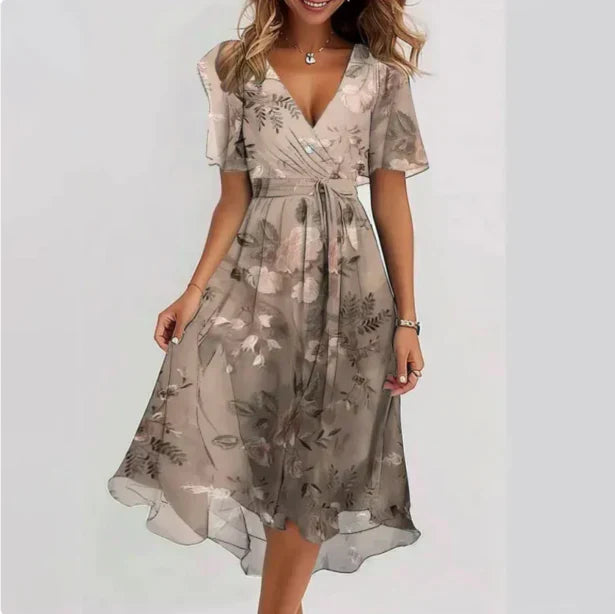 Juliette - Robe Fleurie Femme Élégante pour Soirée avec Col V et Manches Volantées