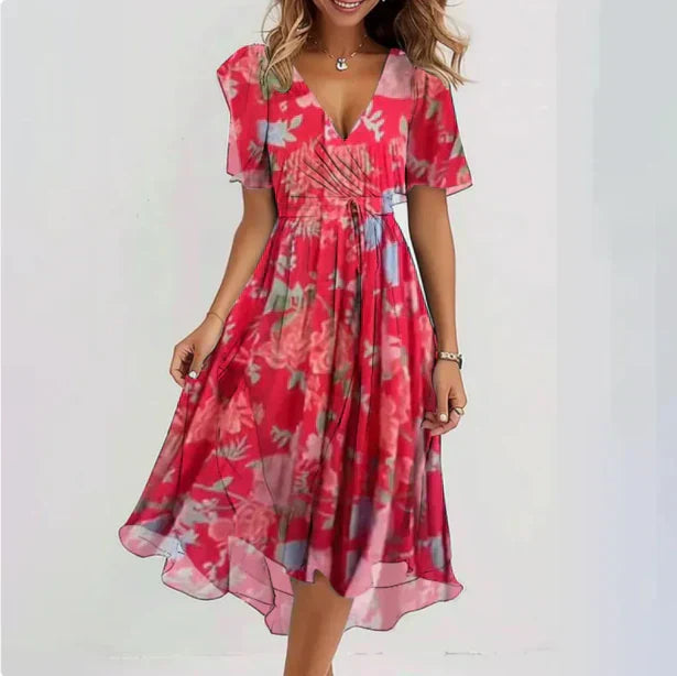 Juliette - Robe Fleurie Femme Élégante pour Soirée avec Col V et Manches Volantées