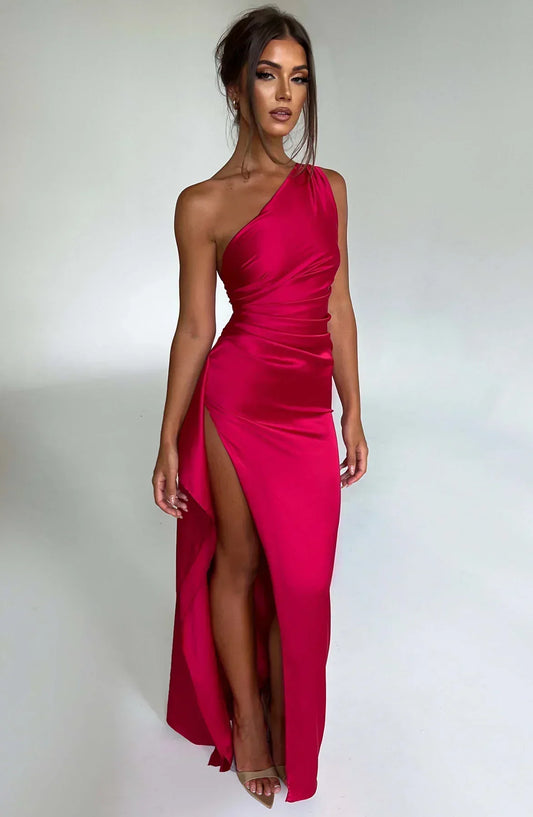 Juliette - Robe Invitée Mariage Femme Maxi Épaule Dénudée avec Fente Haute et Drapé Élégante