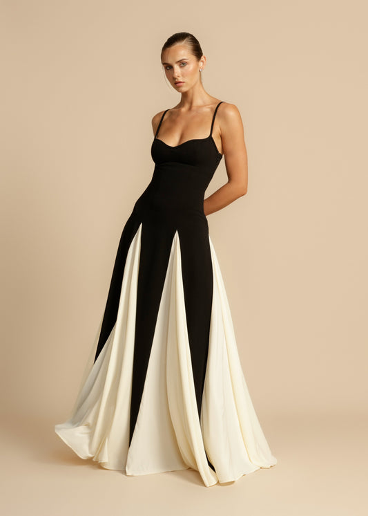 Juliette - Robe Invitée Mariage Femme Élégante Bicolore avec Bretelles Fines et Jupe Évasée